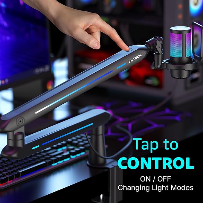 IXTECH RGB Low Profile Boom Arm for Mic, Adjustable Microphone Arm Stand with Desk Mount Clamp, Rotatable Microphone Boom Arm Mic Stand with Cable Management for Podcast Streaming Gaming Studio.