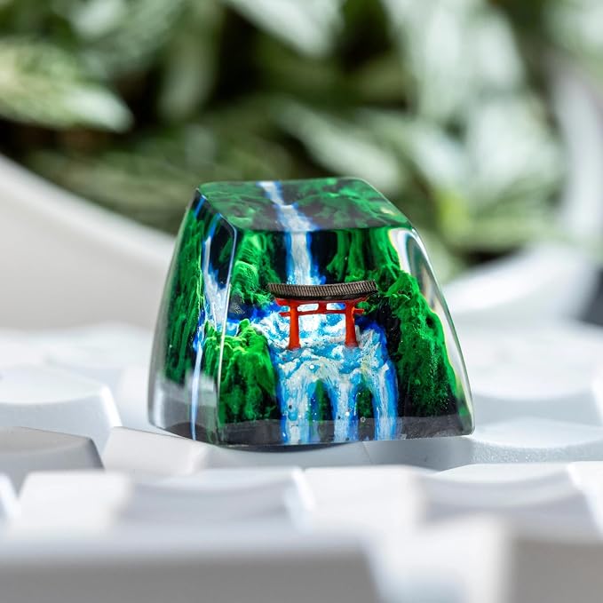 Red Torii Gate Artisan Keycap Japanese Shrine with Summer Waterfall R1 SA Profile Custom Keycaps 1U ESC Handmade Gaming Resin Key Cap Cherry MX Switch Compatible Mechanical Keyboard Japan Lover Gift