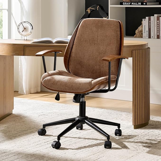 HULALA HOME Solid Wood Office Chair with Tilt Function & Metal Base, Camel | Mid Century Modern Desk Chair with Bent Wood Frame, 360° Swivel Fabric Computer Task Chair, Height Adjustable