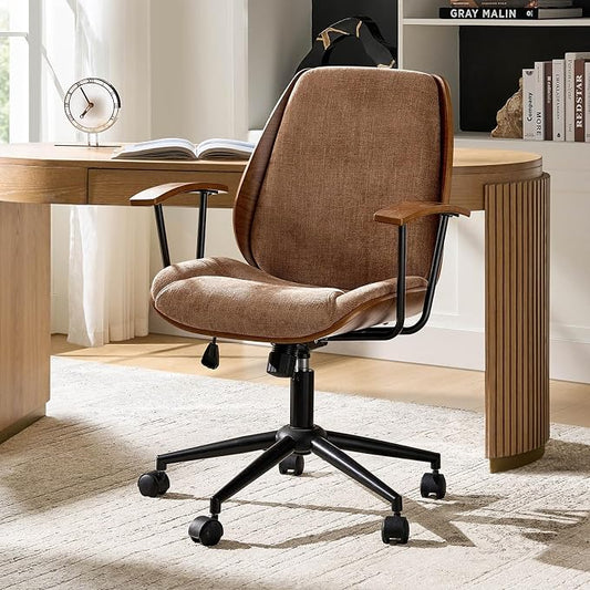 HULALA HOME Solid Wood Office Chair with Tilt Function & Metal Base, Camel | Mid Century Modern Desk Chair with Bent Wood Frame, 360° Swivel Fabric Computer Task Chair, Height Adjustable