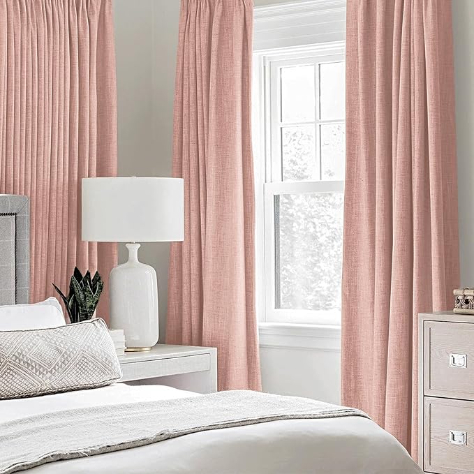 MIULEE Linen Curtains for Bedroom 100% Blackout Thermal Insulated Blush Pink Grommet Room Darkening Curtains & Drapes for Living Room 52 x 63 Inch (2 Panels)