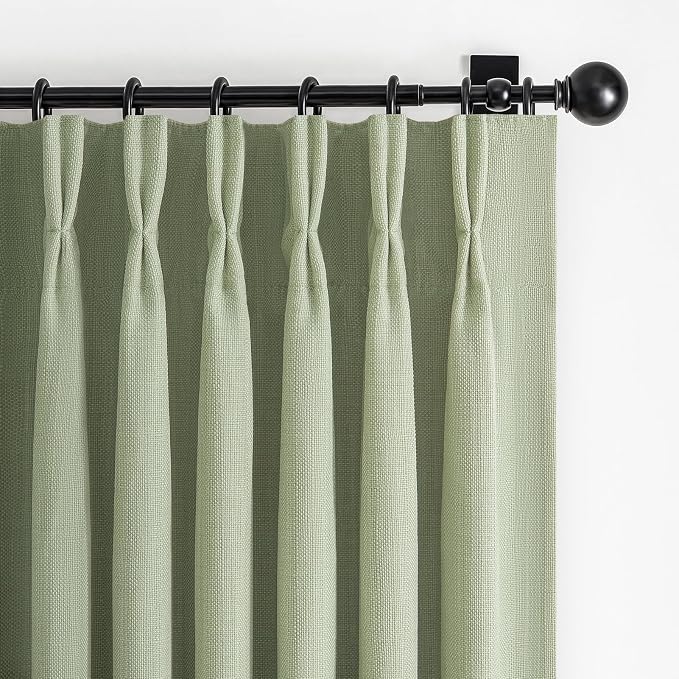Sage Green Pinch Pleated Curtains 84 Inches Long for Patio Sliding Glass Doors, Memory Trained Viral Blackout Two Layer Linen Boho Drapes Insulated Noise Blocking Windows Curtain 40W x 84L x 2 Panels