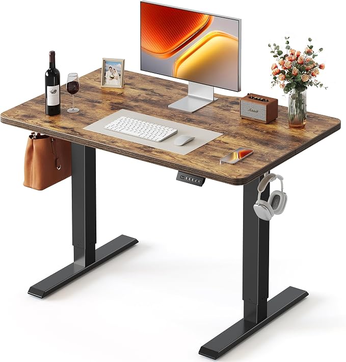 FEZIBO 40 x 24 Inchs Electric Standing Desk, Height Adjustable, Sit Stand Up, Computer Office Desk with Splice Board, Black Frame/Rustic Brown Top