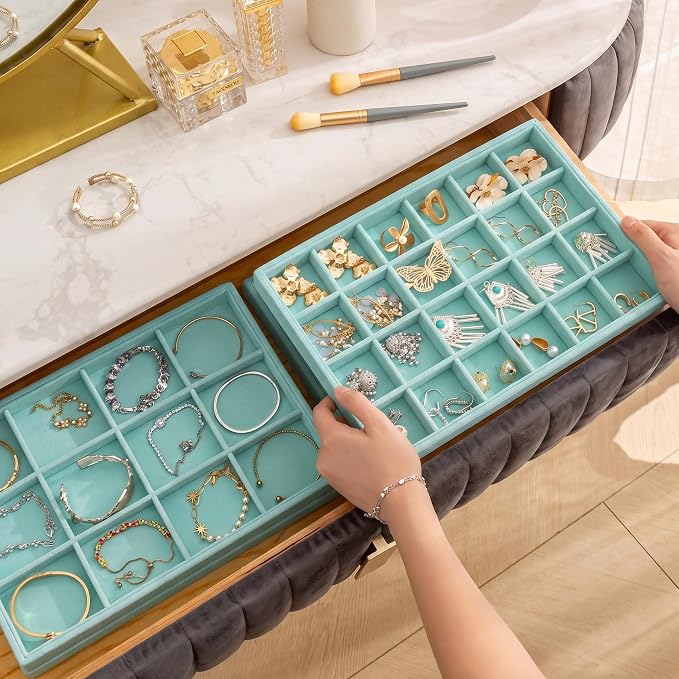 Jewelry Trays for Drawer,Set of 2 Jewelry Organizer and Storage | Velvet Material,Stackable,Adjustable Dividers,Drawer Inserts for Rings Studs Bracelet,Earring Organizer for Women Girls