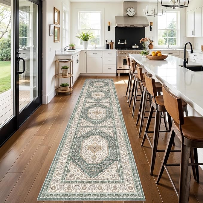 3x12 Runner Rug for Hallway Washable: Non Slip Kitchen Rugs with Rubber Backing Soft Waterproof Mats Stain Resistant Indoor Vintage Carpet Runner for Bedroom Bathroom Laundry Entryway Green/Beige