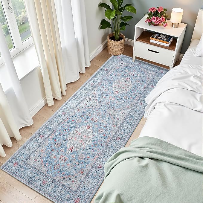 Blue Washable Vintage Runner Rug, 2x6 Boho Bedroom Area Rugs, Soft Non Slip Floral Entryway Carpet Runners, Indoor Low Pile Carpets for Kitchen Hallway Bedside