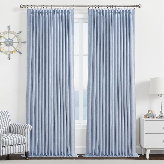 Custom Pale Blue 102 Inch Blackout Curtains for Office 2 Panels Set, Memory Shape Pinch Pleated Thermal Sound Dampening Two Layer Linen Light-Blue Energy Efficient Large Windows Drapes 8-1/2 FT Length