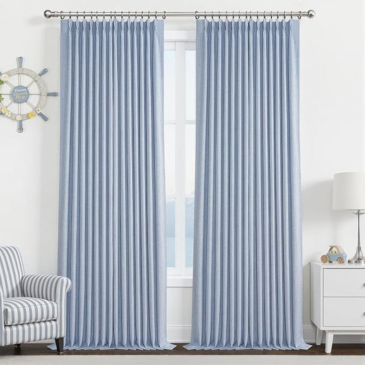 Custom Pale Blue 102 Inch Blackout Curtains for Office 2 Panels Set, Memory Shape Pinch Pleated Thermal Sound Dampening Two Layer Linen Light-Blue Energy Efficient Large Windows Drapes 8-1/2 FT Length