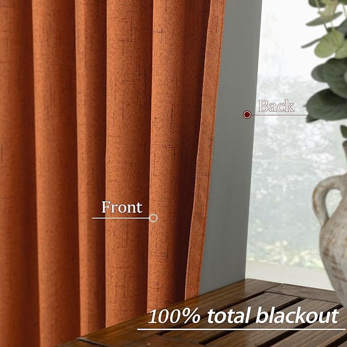 KOUFALL Retro Curtains 90 Inches Long Blackout Linen Dark Orange MCM Mid Century Modern Curtains for Living Room Bedroom 70s Decor