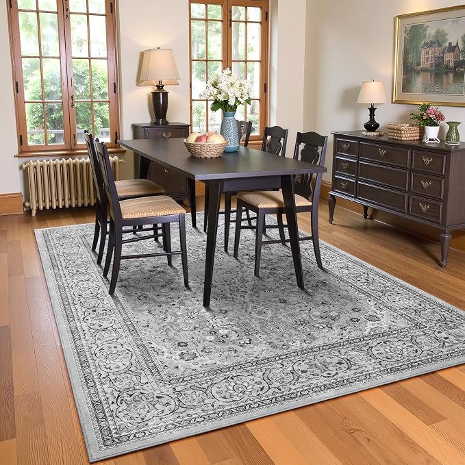 Grey Washable Boho Area Rug for Bedroom, 3x5 Vintage Floral Non Slip Rugs, Soft Low Pile Indoor Mat, Aesthetic Pattern Carpet for Living Room, Kitchen, Dining Room and Bedside