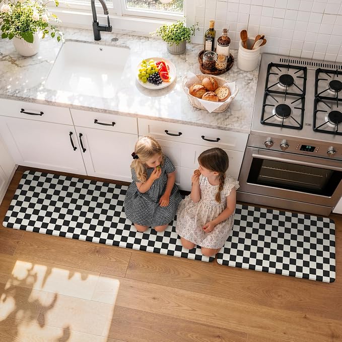 KIMODE Anti Fatigue Mats for Kitchen Floor,Checkered Kitchen Rugs Sets of 2 | 20"x59"+20"x32" Farmhouse Kitchen Floor Mats Non Slip, Cushioned Laundry Room Rug, Plaid Standing Desk Mat for Office Dorm