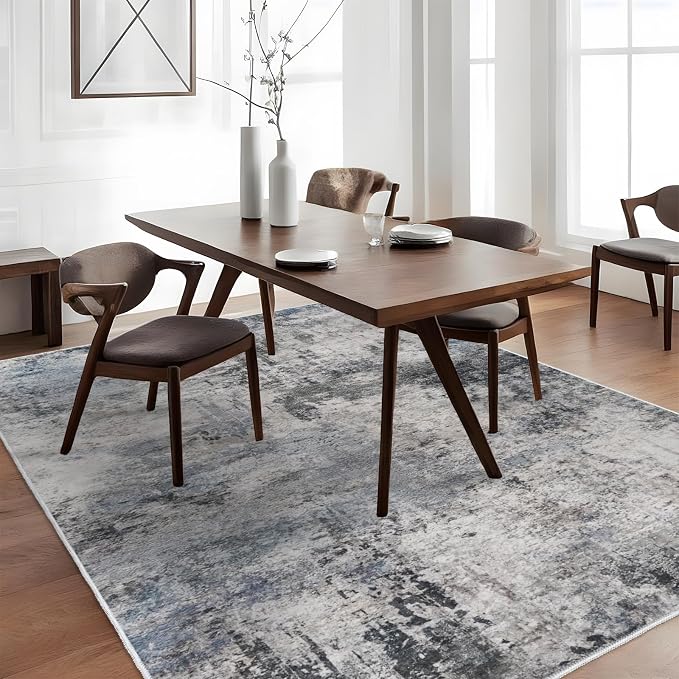 RUUGME Washable Abstract Rug 5x7: Stain Resistant Non-Slip Living Room Area Rug - Soft Low Pile Carpet for Bedroom Office Nursery - Distressed Indoor Floor Mat for Modern Home Decor (5X7 Blue)
