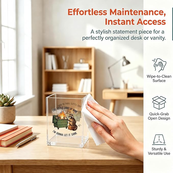 Funny Raccoon Dumpster Fire Office Acrylic Cosmetic Pen Pencil Holder Cup, This Little Light Of Mine Humor Pencil Organizer, Unique Desk Accessories, Motivational Gifts for Women Men（A39）