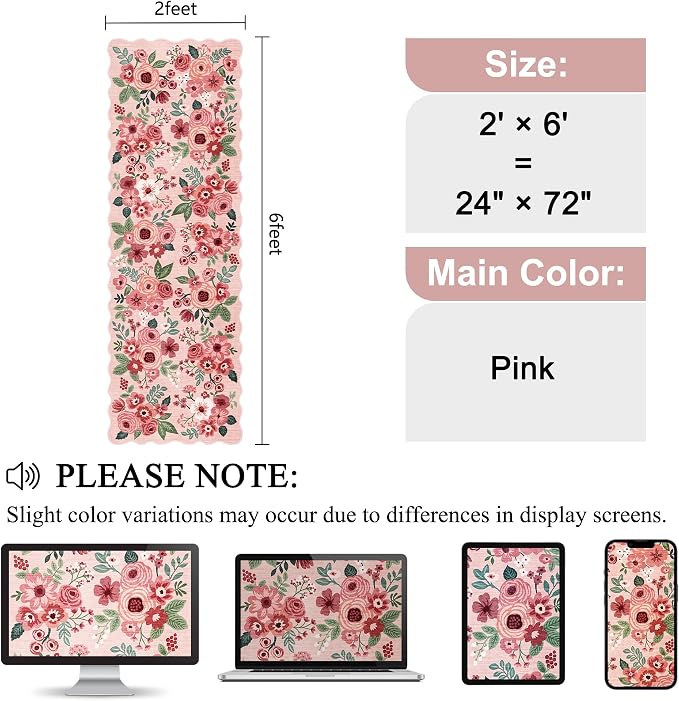 DUKINO 2x6 Runner Rug for Hallway, Washable Kitchen Rug with Non Slip Backing & Non-Shediing, Soft Low Pile Floral Design Runner for Bedroom, Kithchen, Living Room, Laundry, Bathroom, Pink