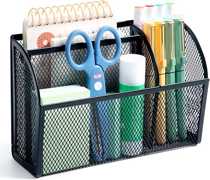 M&G Magnetic Pen Holder Dry Erase Marker Holder, Strong Magnet Metal Mesh Pencil Holder for Whiteboard, Refrigerator and Locker, 3 Compartments Magnetic Basket Organizer, Black