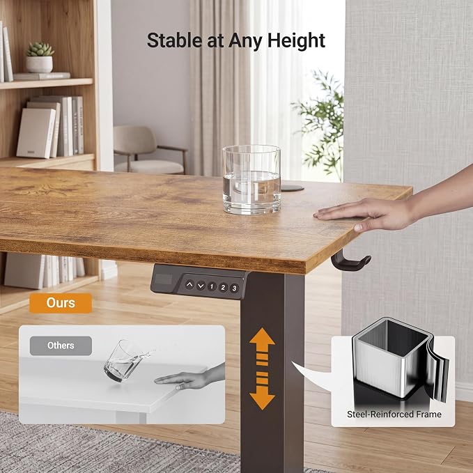 Claiks Electric Standing Desk, 55x24 Inch, Rustic Brown | Adjustable height for sit-stand, 156lbs capacity, scratch-resistant surface, 3 memory presets, cable management & hook.