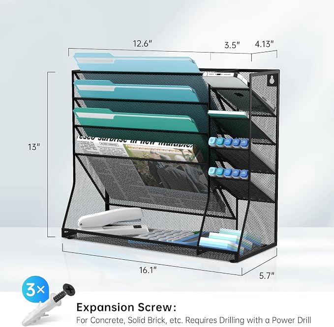 Wall File Organizer, 5-Tier Wall Organizer for Office with 4 Pen Slots, Vertical Hanging File Folder Holder with R-shaped Bottom Tray, Mesh Mail Holder Desk Organization for Workspace, Black