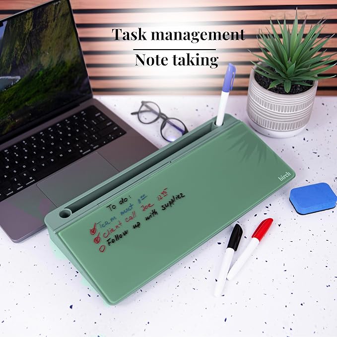 Birch Small Desktop Whiteboard – Glass Dry Erase Board Desk Pad Keyboard Stand with Storage Compartment 3 Markers & Marker Holder – Perfect for Office, Home, & School (Moss)