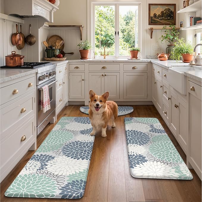 KIMODE Half Circle Anti Fatigue Mats for Kitchen Floor Rug Sets of 3 | 18"x28+18"x47"+18"x59",Cyan Dahlia Floral Boho,Half Round,3PCS,Non Slip,Waterproof,for Sink Office Laundry Bathroom Decor
