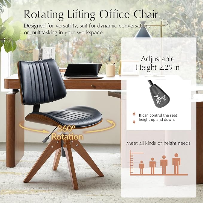 HULALA HOME Faux Leather Home Office Desk Chair No Wheels, Navy | Mid-Century Modern Desk Chair with Wood Legs, 360° Swivel Computer Task Chair with Channel-Tufted Backrest, Height Adjustable