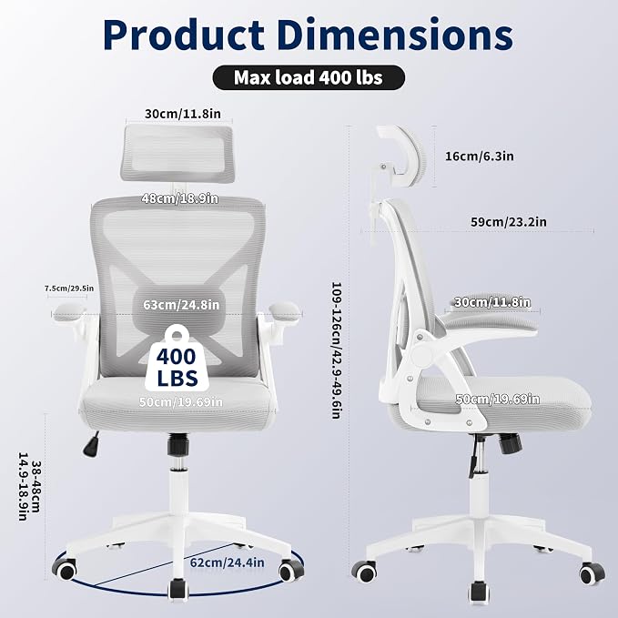 400 Lbs Mesh Ergonomic Office Chair, High Back with Lumbar & Headrest for Home Office