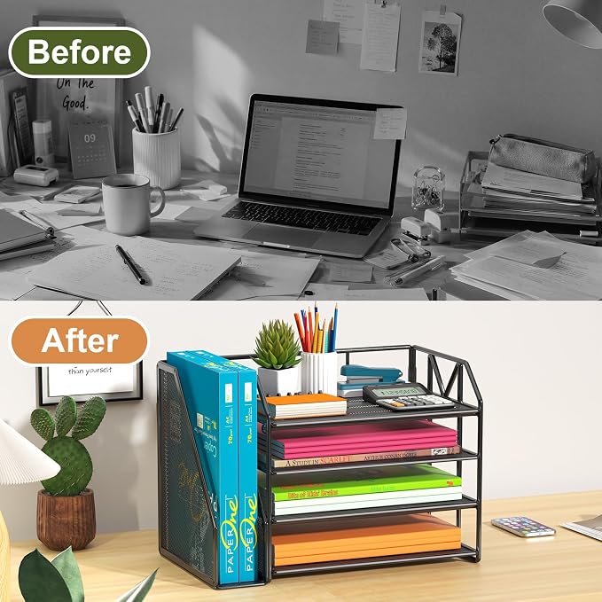 4-Tier Paper File Organizer with Bookend, Metal Desk Organizer, Tiered Paper Tray for Letter/A4 Files, Desktop Office Supplies Storage Rack for Home Office, Classroom, School & Work, Black