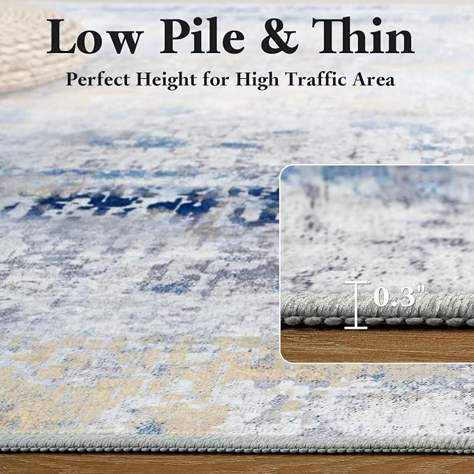 Macgace Washable Abstract Rug, 5x7 Modern Area Rugs with Non-Slip Rubber Backed for Living Room, Thin but Soft Contemporary Carpet Kitchen Bedroom Dining Room Decor, Midnight Blue