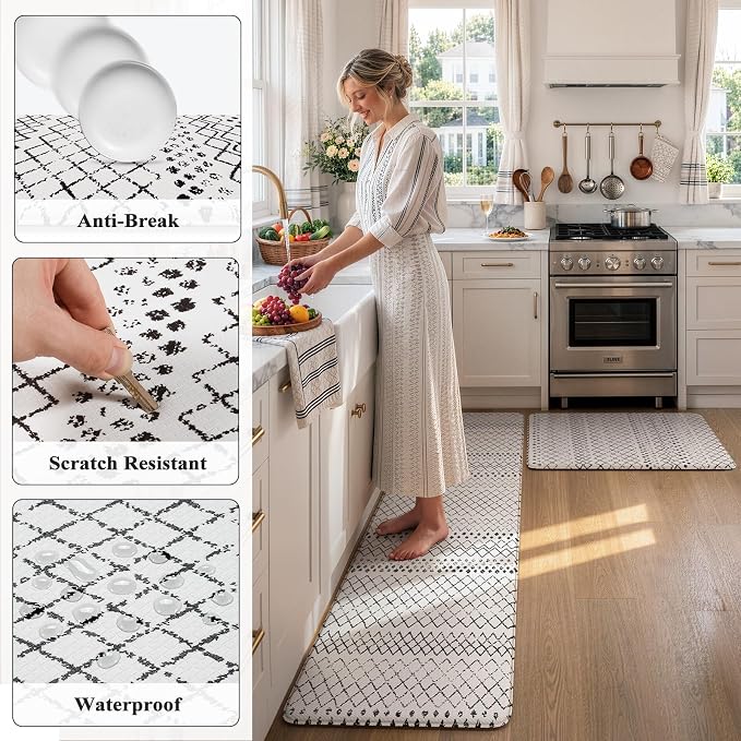 KIMODE Kitchen Mats for Floor Cushioned Anti Fatigue, Boho Kitchen Rugs Sets of 2, Non Slip Kitchen Floor Mats,Comfort Standing Mats for Sink Laundry Desk Black and White 20"x71"+20"x32"