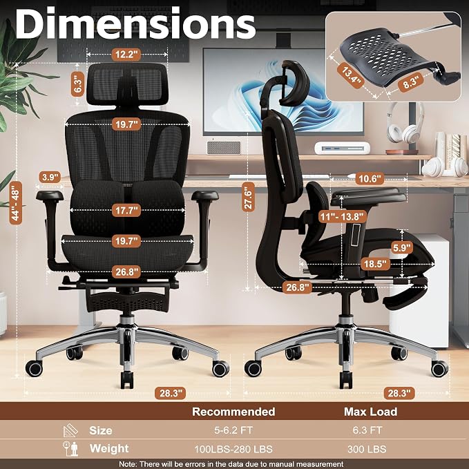 Vonesse Ergonomic Office Chair with Footrest, Desk Chairs with Adjustable 3D Headrest and Armrests, Computer Gaming Chair with Dynamic Lumbar Support & Adjustable Depth Breathable Mesh Seat (Black)