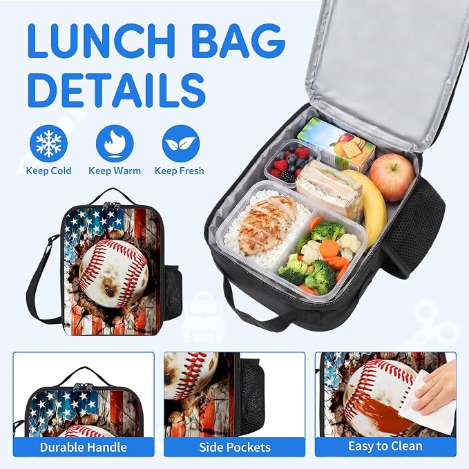 3PCS Baseball Print Backpack for Boys Girls Teens, School Backpack with Lunch Box Pencil Case for Elementary Middle High Students, 17 Inch Lightweight Bookpack 3 in 1 Set Back to Shool Gifts for Kids