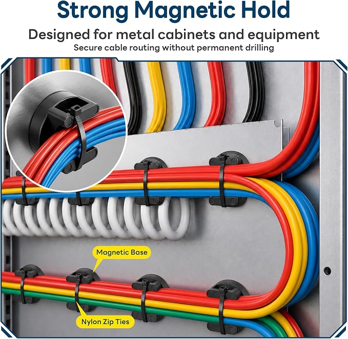 Magnetic Zip Tie Mounts, 20 Pack Magnetic Cable Tie Mounts with 200 Zip Ties, Rotating No-Drill Cable Management Organizer for Server Rack, Electrical Panel, Metal Desk, Strong Magnetic Wire Holders