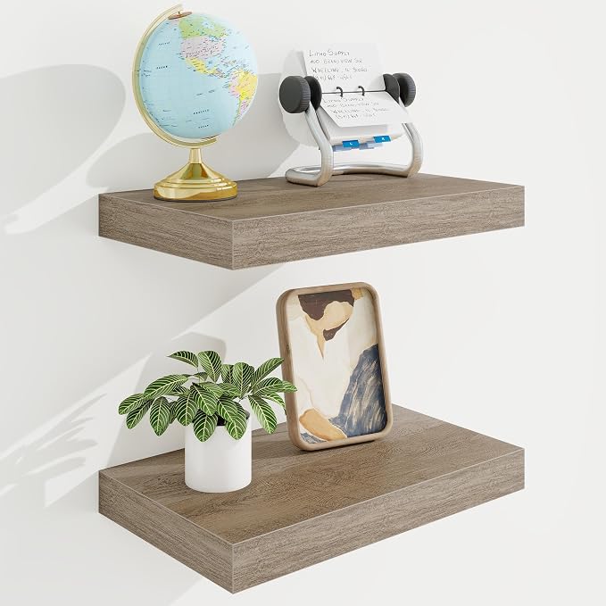 16in Floating Shelves for Wall, 16"W x 9.25"D x 1.25"H, 2 Pack Long Wall Mounted Engineered Wood Shelves with Invisible Brackets for Living Room, Bedroom, Bathroom, Kitchen Decor and Storage, Grey