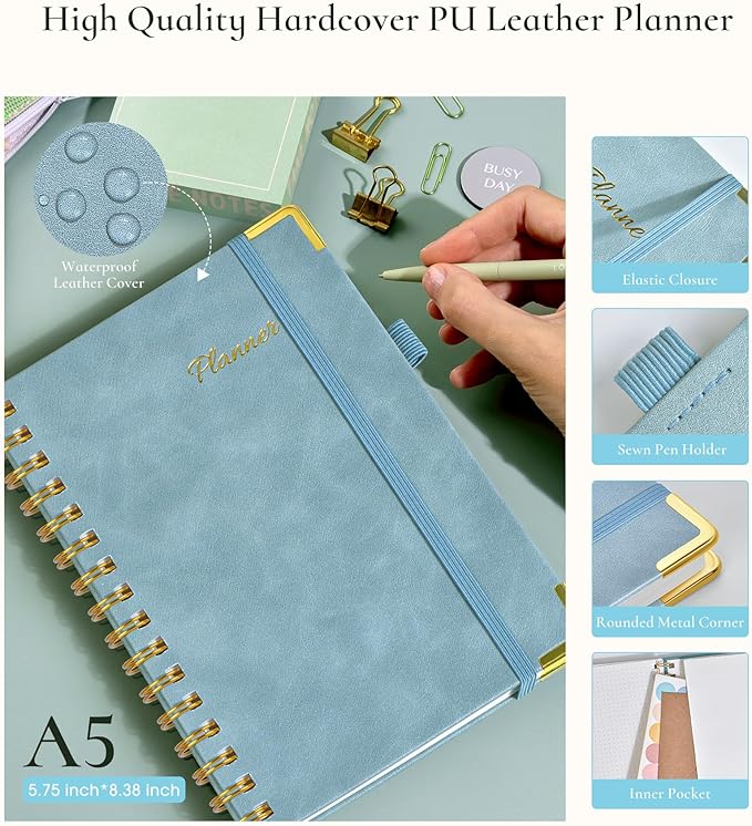 Undated Weekly Planner, Hardcover Leather Weekly & Monthly Calendar Blank Planner, To Do List Notebook with Goal & Habit Tracker Organizer, A5 Daily Planner with Spiral Binding, Ideal for Work School Home, Blue