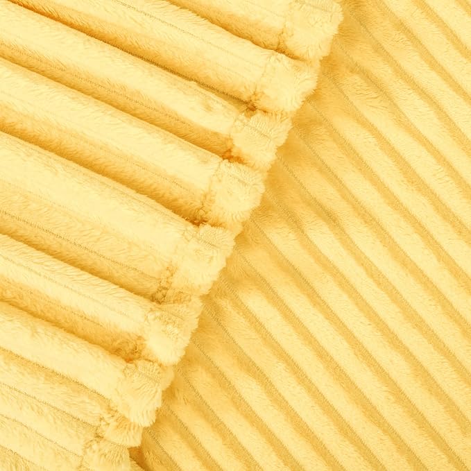 Vessia Flannel Fleece Twin Blanket for Couch,Sofa,Bed, 300GSM Striped 60x80 inch Light Yellow Blanket for Adults and Kids, Super Soft Warm Cozy Lightweight Ribbed Pale Yellow Decor for All-Season