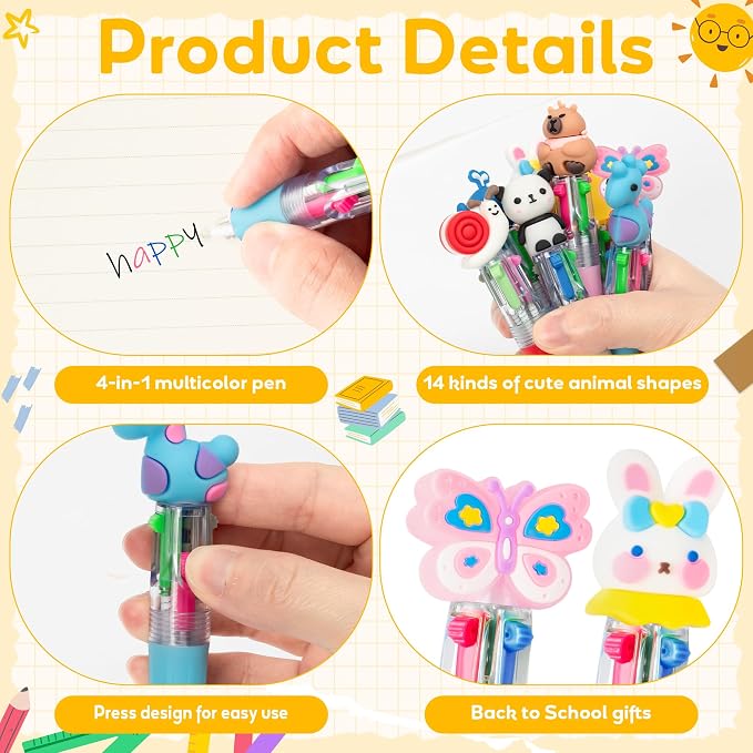 ANGOLIO Back to School Gifts for Students - 28 Sets First Day of School Gifts Include Animal 4 in 1 Multicolor Ballpoint Pens with Greeting Cards for Classmate Teacher Classroom Reward Party Supplies