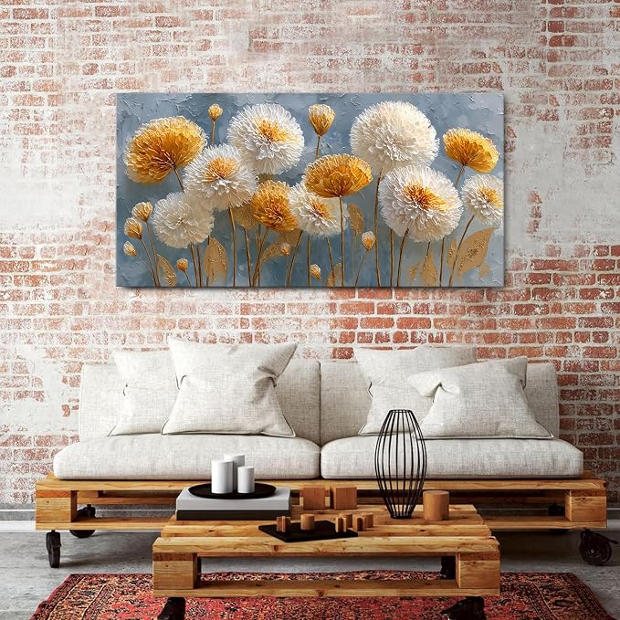 Abstract White Flower Wall Art Golden Floral Pictures Wall Decor Neutral Flowers Canvas Painting Boho Blossom Posters Print Nature Botanical Artwork Bedroom Living Room Home Decoration 30x60