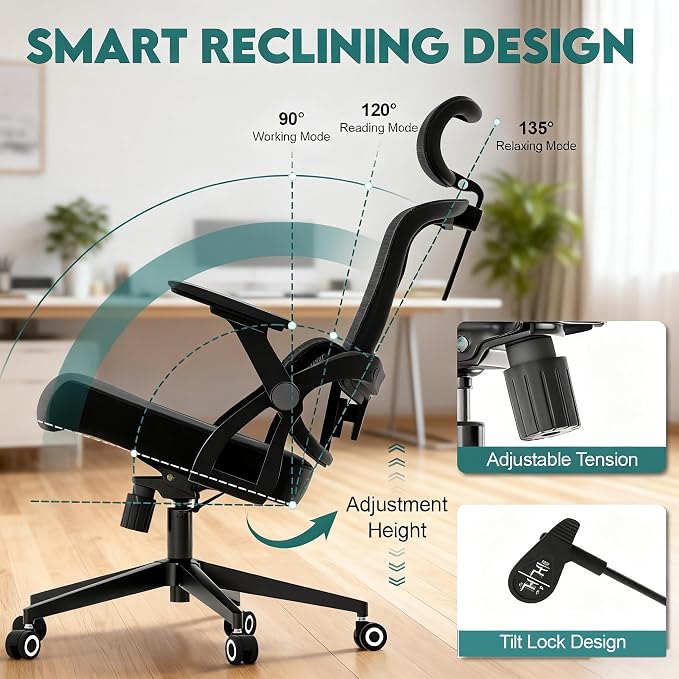 Ergonomic Office Chair - 400LB Comfy Desk Chairs with Adjustable Headrest and Lumbar Back Support, Mesh Computer Chairs with Wheels and Arms for Home Office, Study (218Black-With Headrest-NEW)