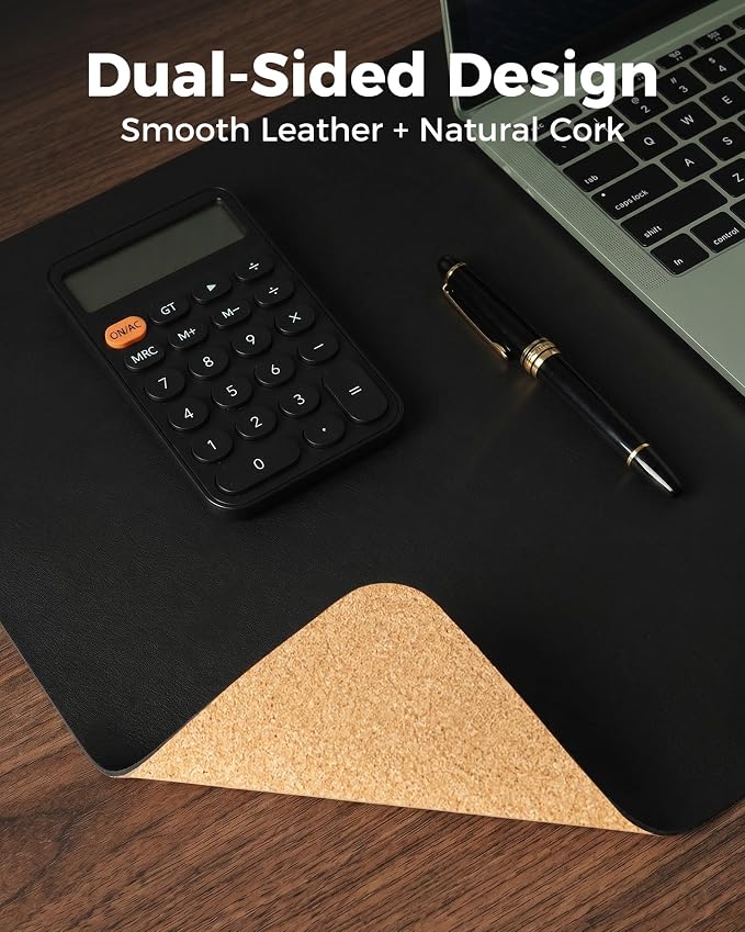 Aothia Dual-Sided Desk Pad - 25.6x13.7 inches Leather Desk Mat, Natural Cork Desk Pad Protector, Large Mouse Pad for Desk, Waterproof Desk Blotter Pad, Desk Writing Pad for Office Work/Home, Black