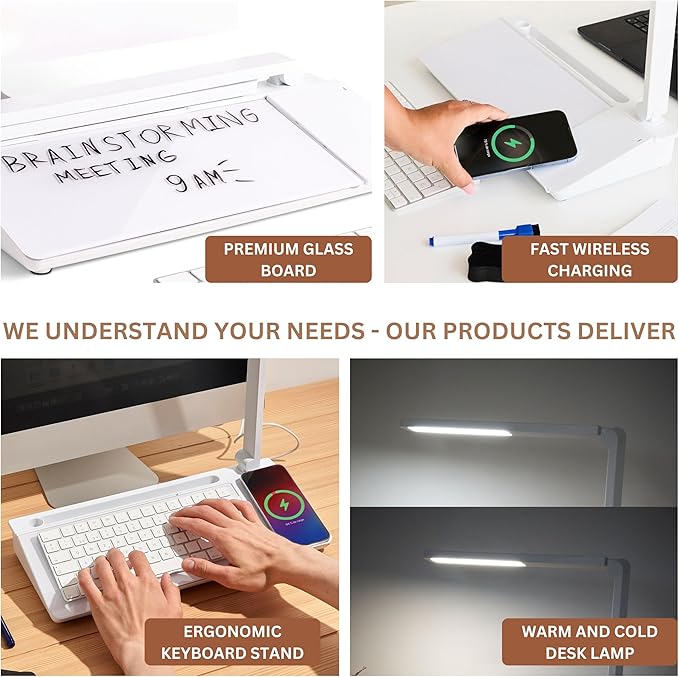 GAROOD Desktop Dry Erase Board with Storage Wireless Charger LED Lamp Desk White Board Desk Board Glass Board with Stand Home Office Organizer Phone Holder 15.8X7X2 inches