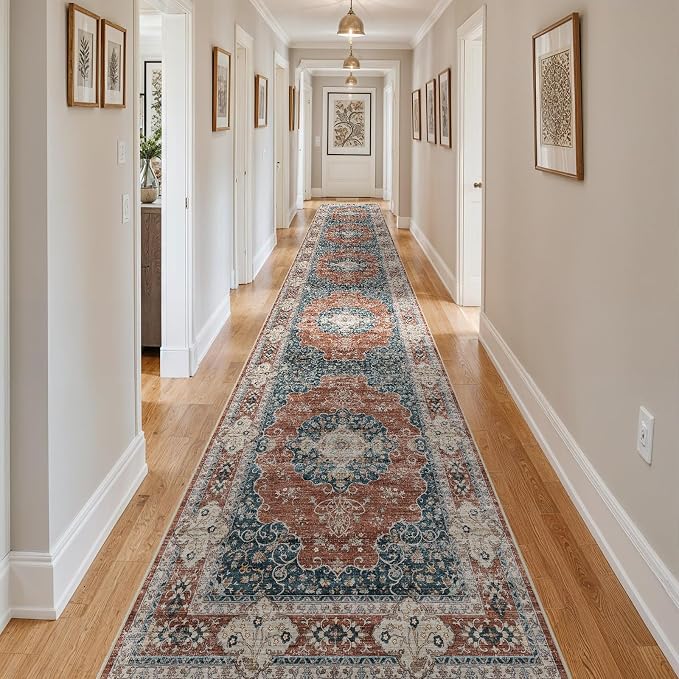 3x20 Washable Hallway Runner Rug:Oriental Indoor Kitchen Rugs Vintage Door Mat Non Slip with Rubber Backing Low Pile Thin Carpet for Bedroom Bathroom Living Room Bedside (3x20 Brick/Blue)