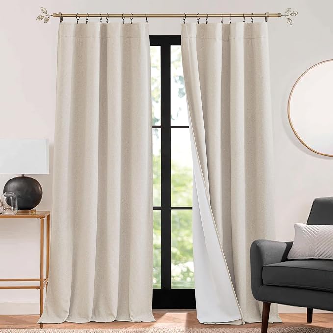 RYB HOME 3 in 1 Soundproof - Blackout - Insulation Linen Curtains, Noise Reduce Energy Saving Curtains for Bedroom Living Room Dorm Divider Studio Home Office, Grey, W52 x L90 in, 2 Panels
