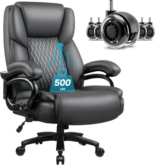 Big and Tall Office Chair 500lbs with Lumbar Support, Ergonomic Heavy Duty Black Office Chair, Leather Office Executive Chair with Quiet Rubber Wheels, Grey Office Comfortable Chair for Heavy People