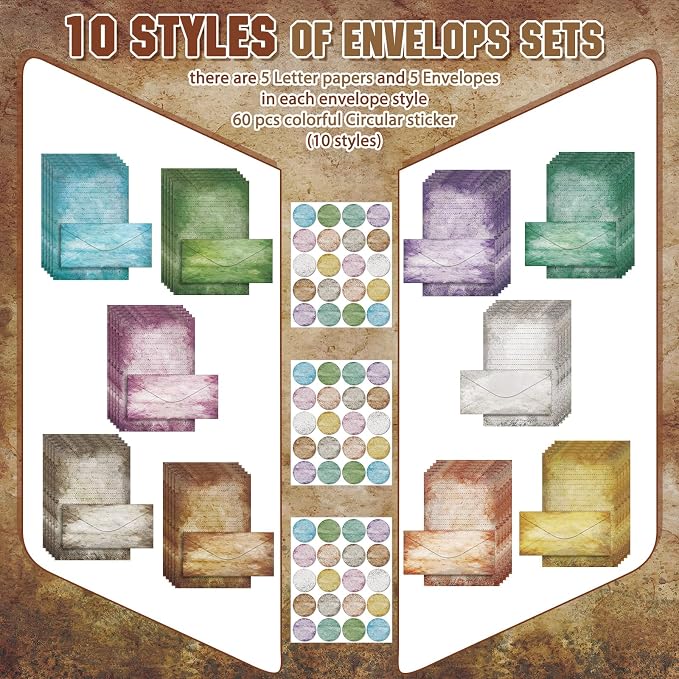 TaoBary 160 Pcs Stationery Paper Set 50 Double Sided Stationery Paper with 50 Matching Envelope and 60 Round Dot Sticker, 10 Design (Vintage Colors,8.5 x 11 Inch)