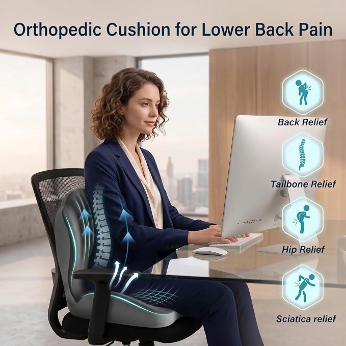 Ergonomic Seat Cushion with Lumbar Support (Grey) | Office Chair Seat Cushion, Memory Foam Orthopedic Cushion with Tailbone Hollow, Sciatica & Back Pain Relief for Long Sitting