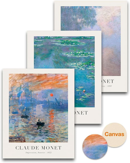 HesenDot Unframed Claude Monet Wall Art Set of 3,12x16in Water Lilies Impressionist Canvas Prints,Abstract Posters Decor,Minimalist Modern Artwork for Living Room Bedroom Office Home, Unframed