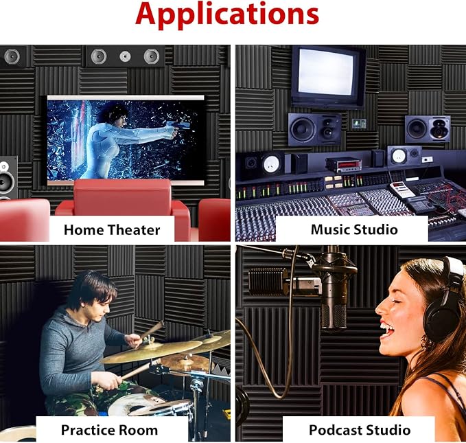 FONESO Acoustic Panels, High Density Soundproof Foam Panels, Fire Resistant Sound Absorbing Acoustic Foam Panels for Studio Recording, Black 1"x12"x12" 12 Pack with Adhesive