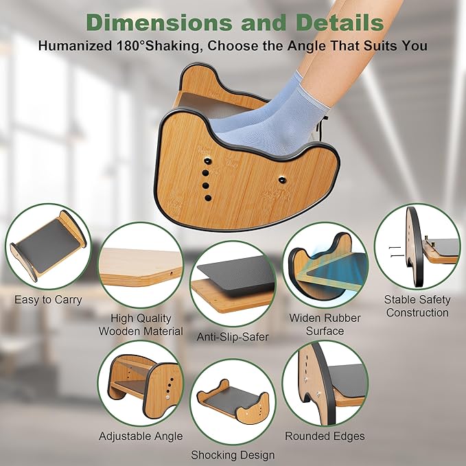 Rocking Foot Rest for Under Desk at Work - 3 Adjustable Heights Wooden Office Footrest, Two Mode of Use Foot Stools with Large Anti-Slip Surface, Ergonomic Foot Stool for Home Office Gaming