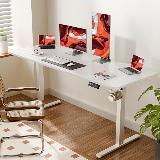 ERGOMAKER 63"x24" Standing Desk, Height Adjustable Sit-Stand Office, White | Electric Adjustable Standing Desk, Sit to Stand Computer Office Desk with Splice Board, Memory Preset, Lifts 28.7''-46.5"