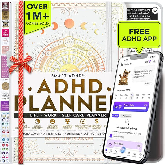 Freedom Mastery - Adhd Daily Planner, Self Care Personal Gratitude Journal to Increase Productivity & Success in Life, Include Foldable Vision Board - White Sun