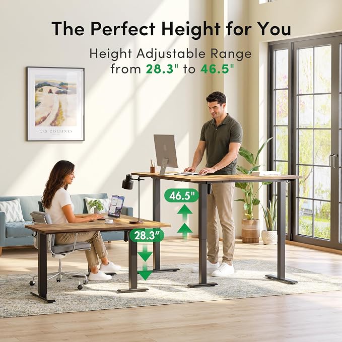 FEZIBO 63" x 55" L-Shaped Standing Desk - Adjustable Corner Desk L Shape, L-Shaped Adjustable Desk with Splice Board, L Shape Standing Desk, Rustic-Brown